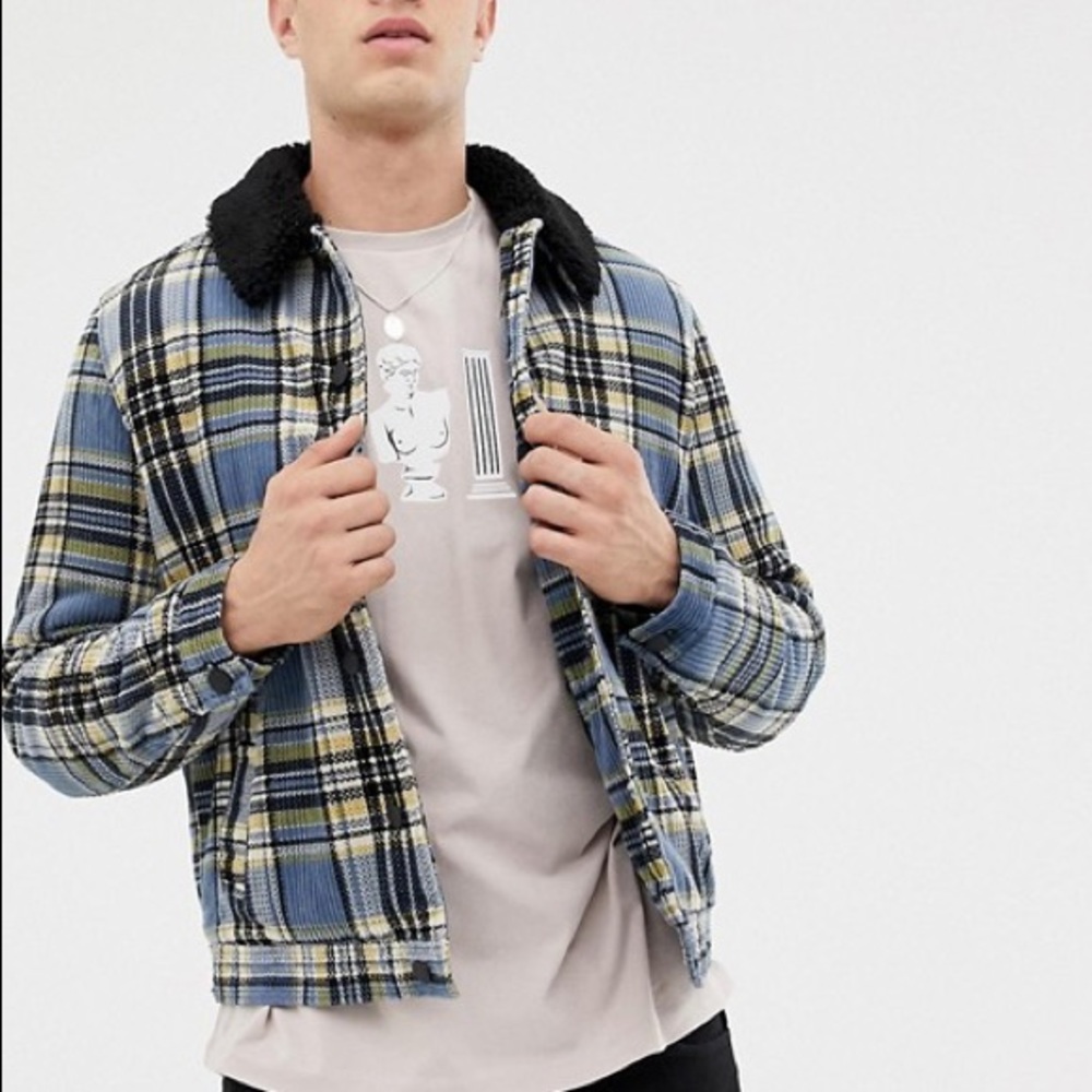 ASOS DESIGN Checked Cord Jacket with Fleece Collar